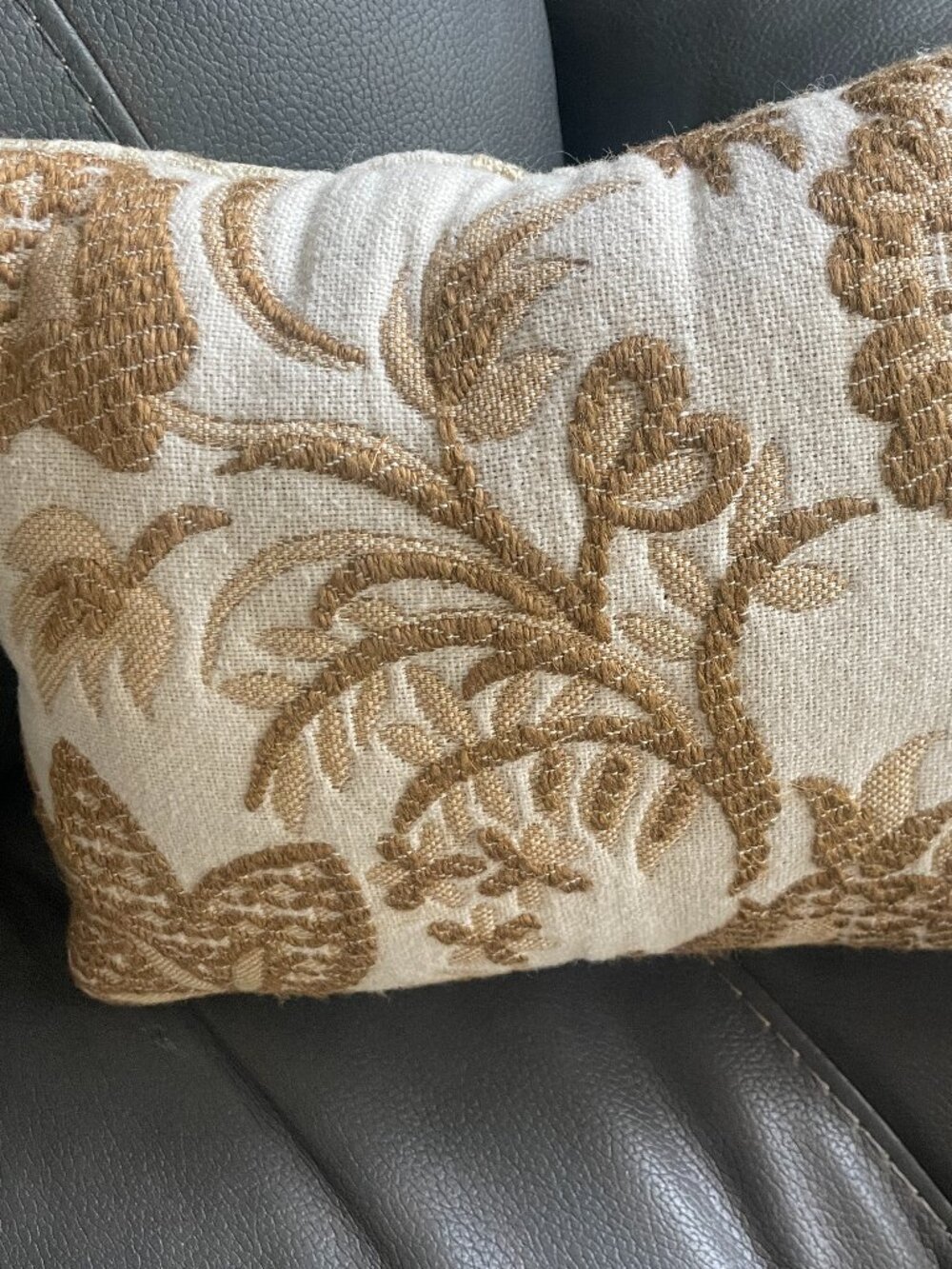 Embroidered Floral Tan Brown Decorative Throw Pillow 12" x 9"!